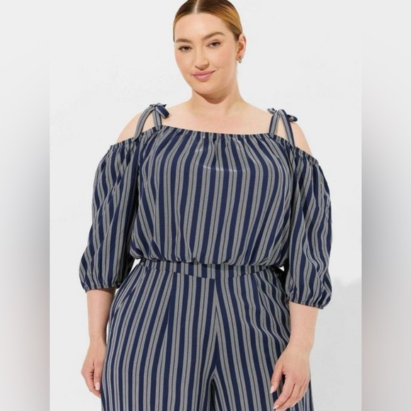 Torrid Blue Striped Challis Cold-Shoulder Crop Top, NEW! - Picture 2 of 9